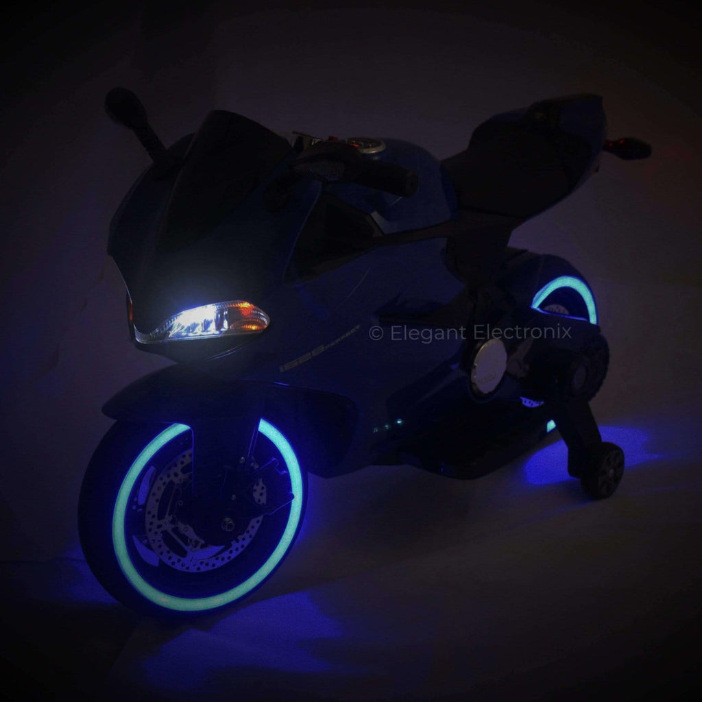 Ducati Style Motorcycle with LED Wheels Electric Ride on Bike 12V | Blue - Elegant Electronix