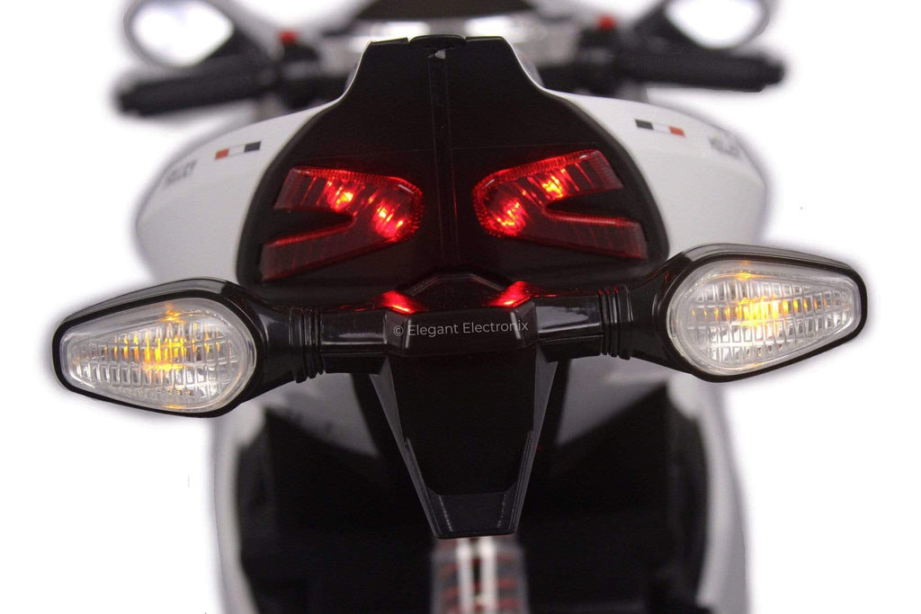 Ducati Style Motorcycle with LED Wheels Electric Ride on Bike 12V | White - Elegant Electronix