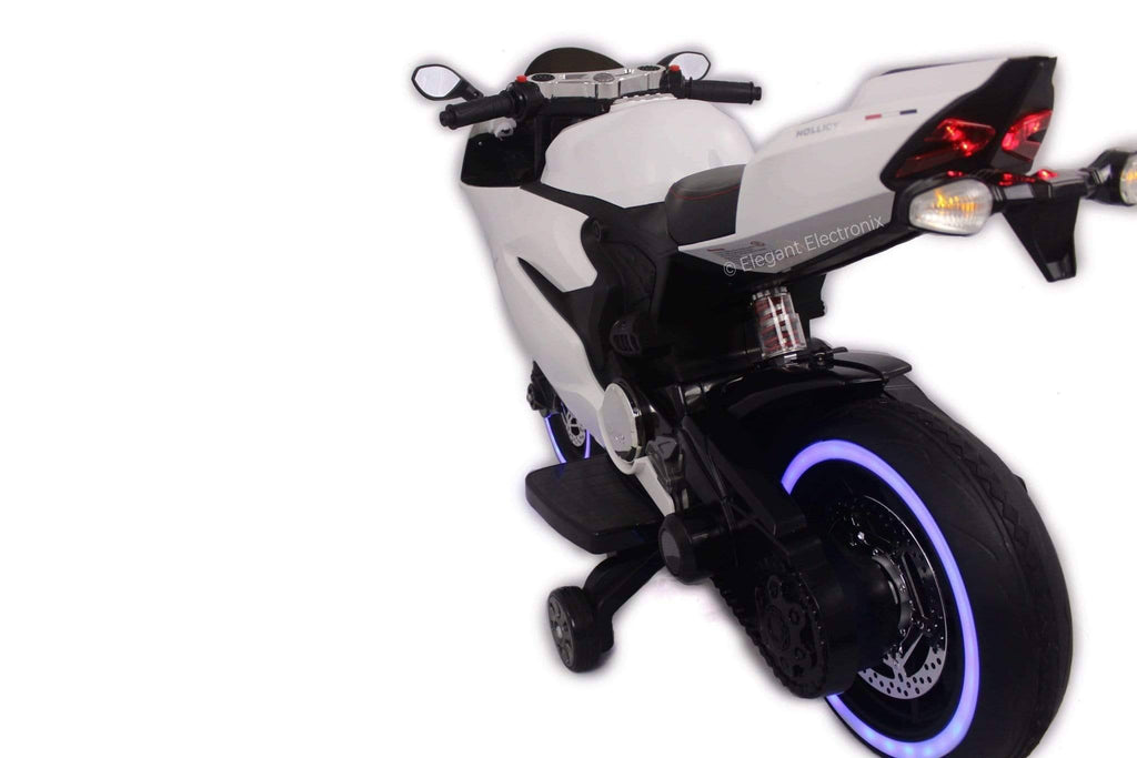 Ducati Style Motorcycle with LED Wheels Electric Ride on Bike 12V | White - Elegant Electronix
