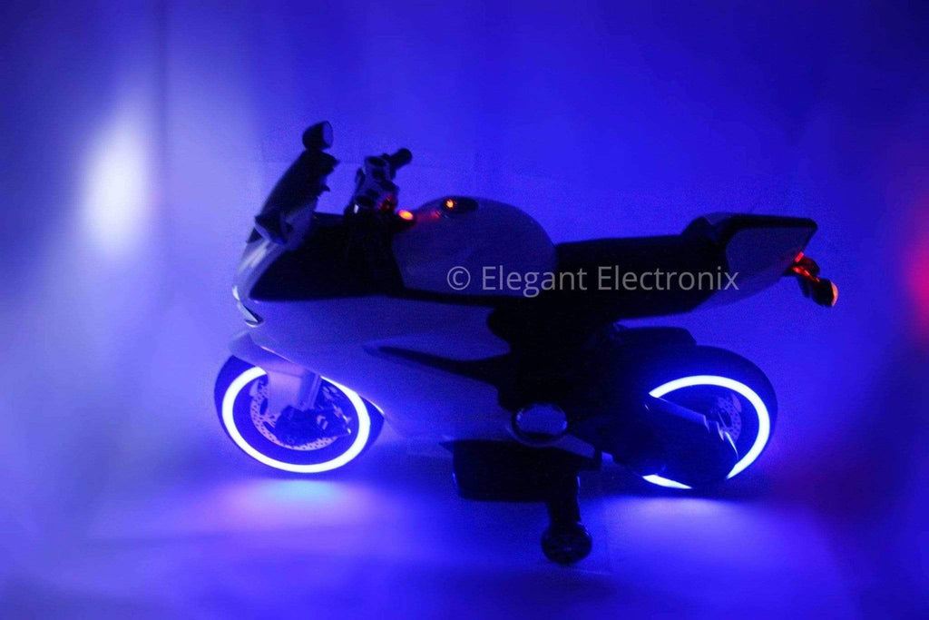 Ducati Style Motorcycle with LED Wheels Electric Ride on Bike 12V | White - Elegant Electronix