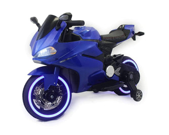 Ducati Style Motorcycle with LED Wheels Electric Ride on Bike 12V | Blue - Elegant Electronix