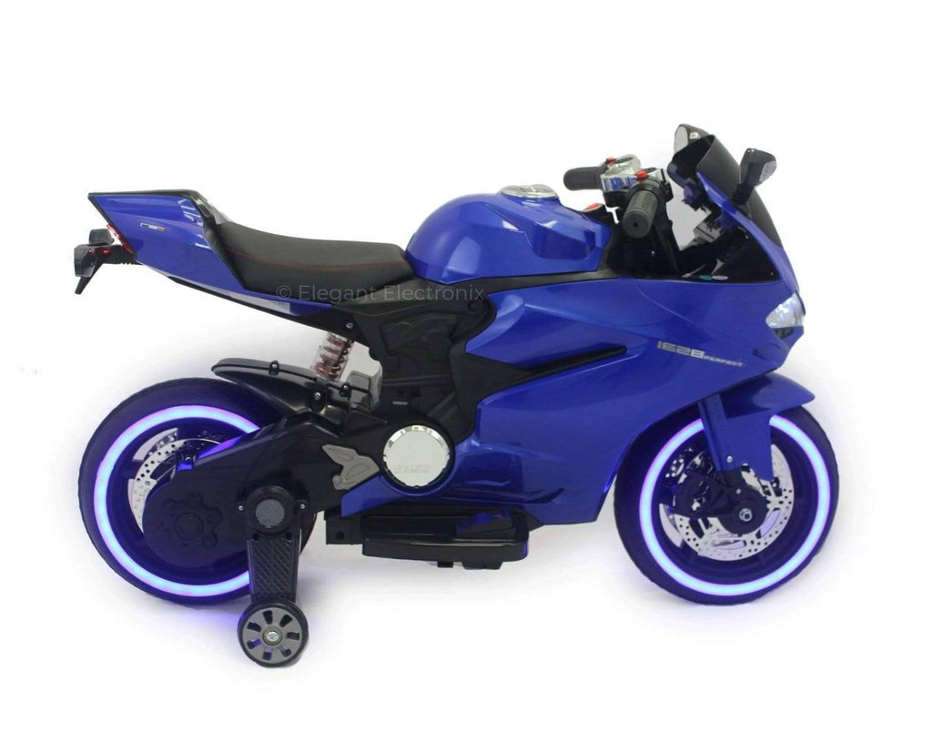 Ducati Style Motorcycle with LED Wheels Electric Ride on Bike 12V | Blue - Elegant Electronix