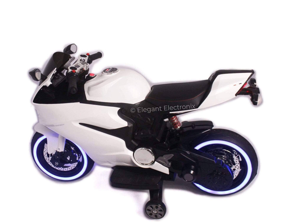 Ducati Style Motorcycle with LED Wheels Electric Ride on Bike 12V | White - Elegant Electronix