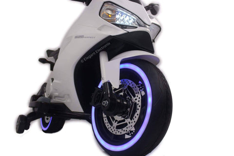 Ducati Style Motorcycle with LED Wheels Electric Ride on Bike 12V | White - Elegant Electronix