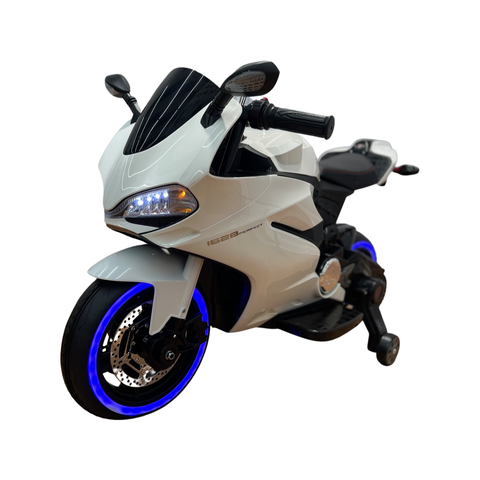 Image of Ducati Style Motorcycle with LED Wheels Electric Ride on Bike 12V | White
