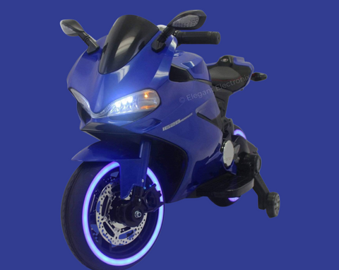 Image of Ducati Style Motorcycle with LED Wheels Electric Ride on Bike 12V | Blue